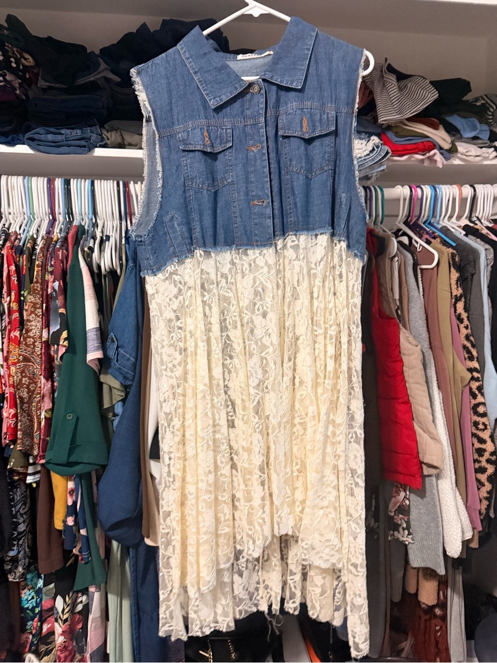 Sleeveless Denim Top with Cream Lace Skirt Dress